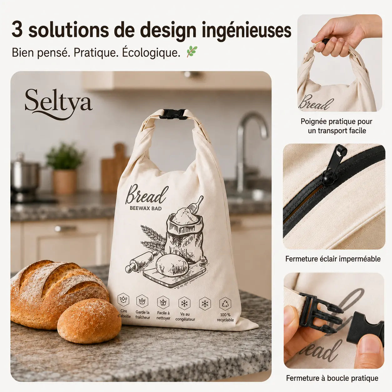 Sac à pain écologique en cire d’abeille – 100 % coton