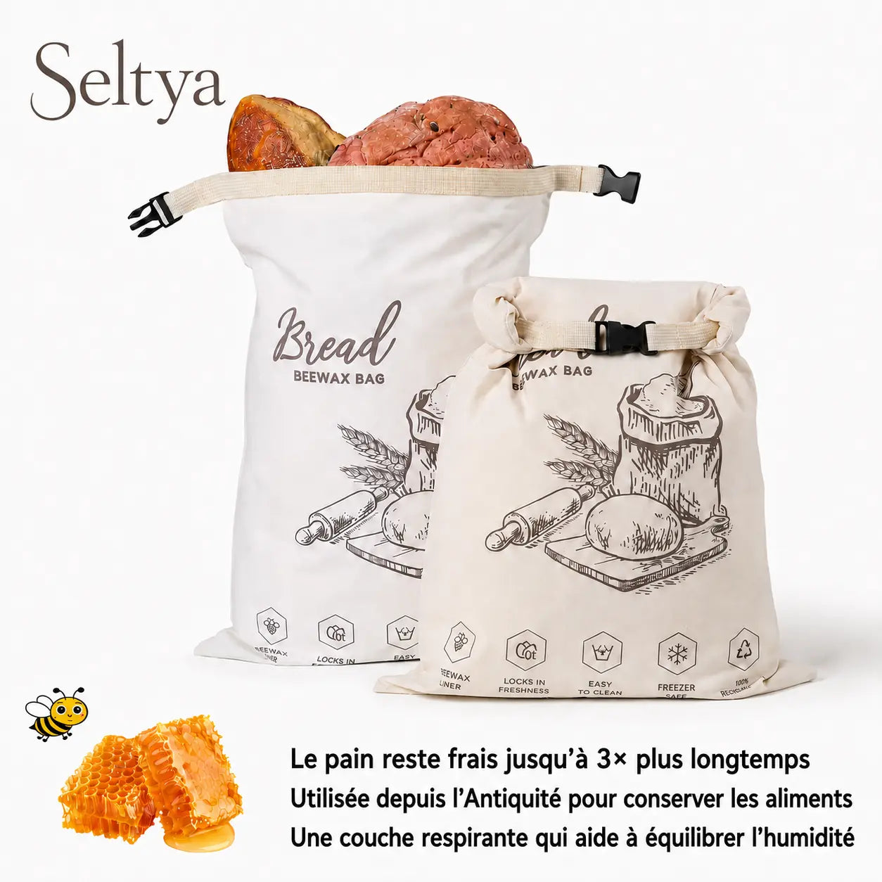 Sac à pain écologique en cire d’abeille – 100 % coton