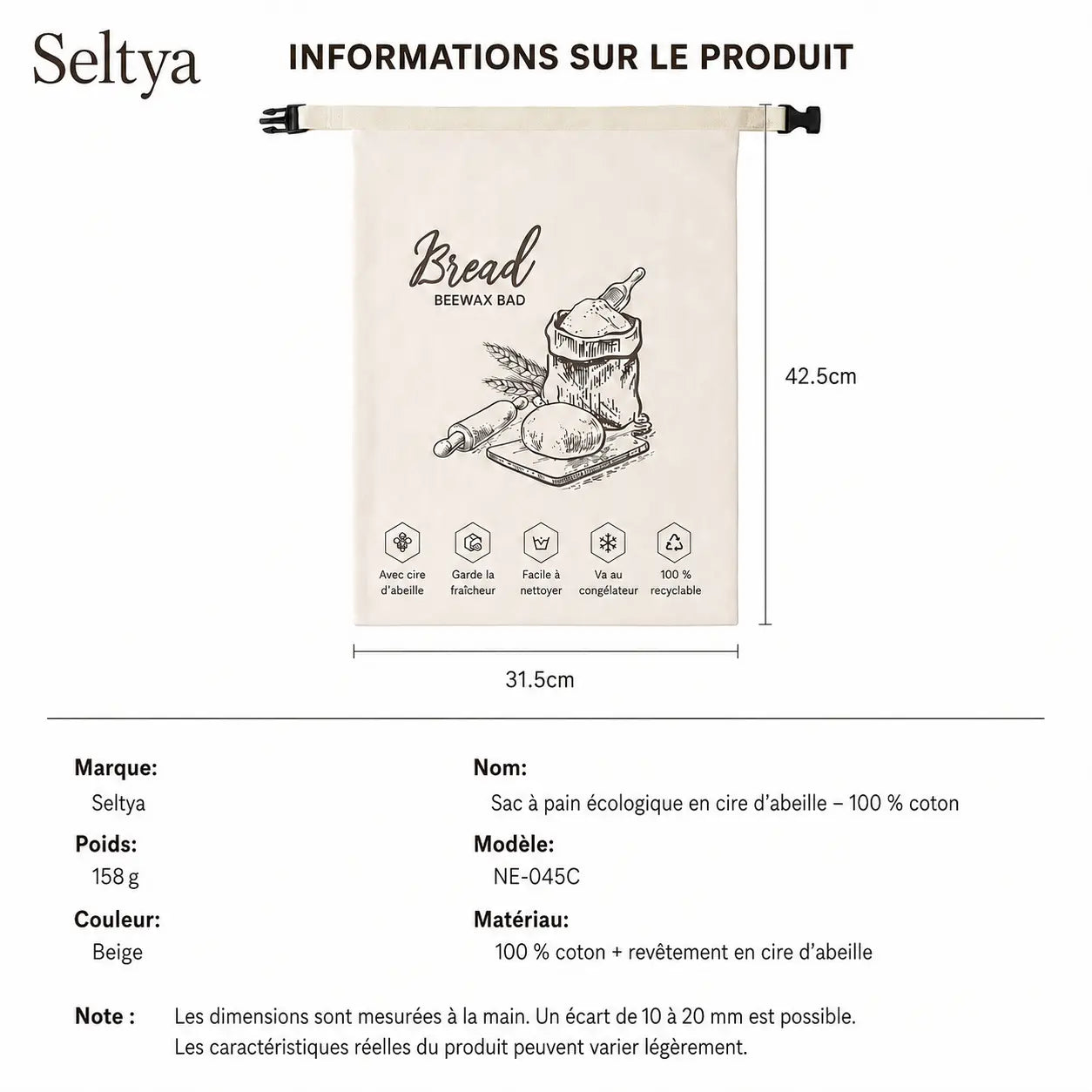 Sac à pain écologique en cire d’abeille – 100 % coton